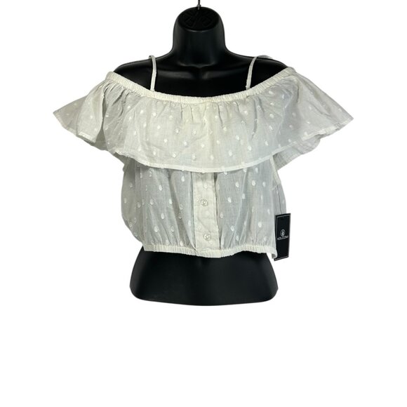 VOLCOM Winding Roads Cami Crop Tank Top Sz L White Polka Dot Off Shoulder Ruffle - Picture 2 of 16